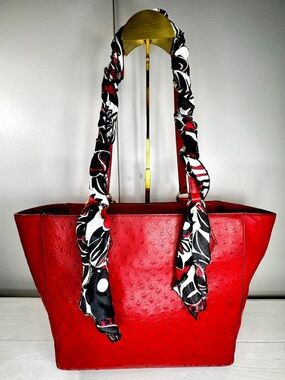 Diane Van Firstwnburg Red Leather Tote Bag Ostrich Embossed DVF Shoulder Bag